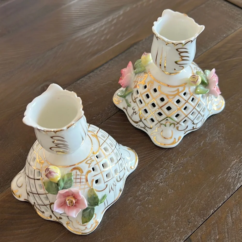 VINTAGE Two Museum of Jewelry Floral Candlestick Holders